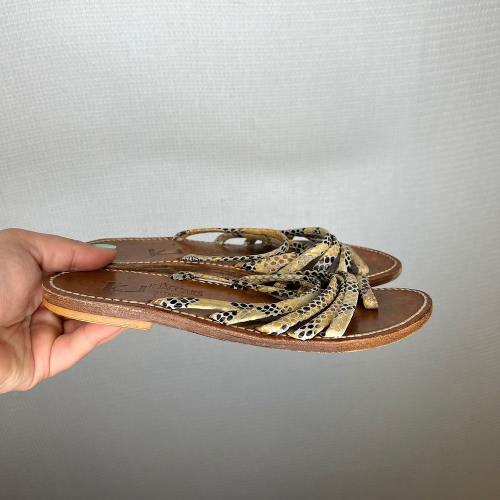 K. Jacques St. Tropez Women Snakeskin Strappy Leather Sandals Yellow Tan Size 37 - Picture 2 of 6